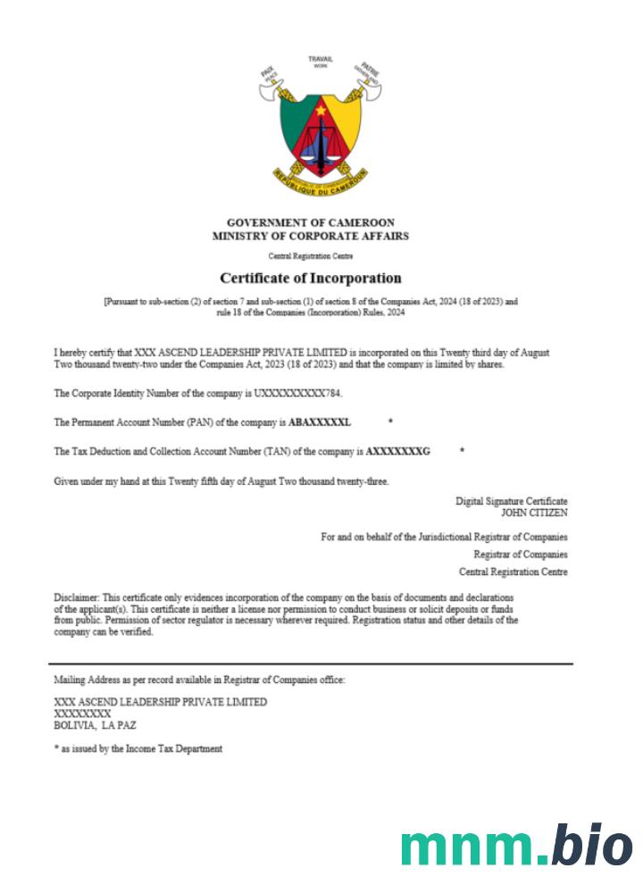 Certyfikat rejestracji Kamerunu w formacie Word i PDF